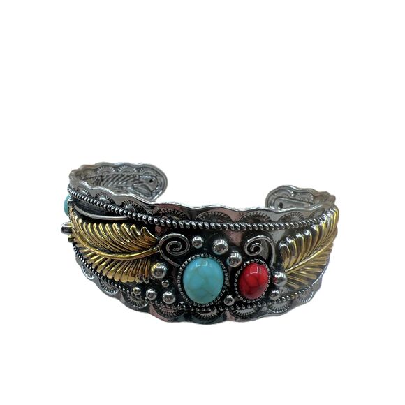 NEW Silver Gold Accents Faux Turquoise Stone Red Stone Boho Bracelet - Picture 2 of 11